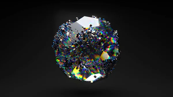 Egy Hatalmas Gyémánt Forog Fekete Háttéren Kis Értékes Részecskék Véletlenszerűen — Stock Fotó