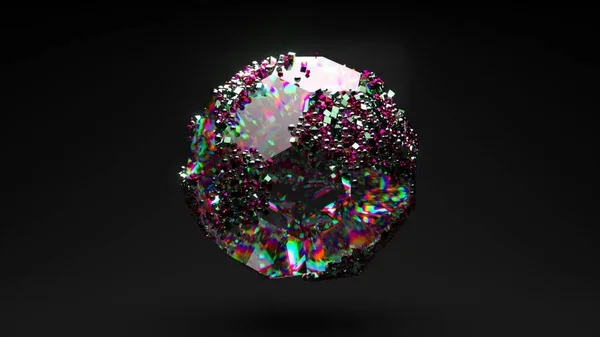 Κρυστάλλινη Πολυεδρική Σφαίρα Περιστρέφεται Διαμαντένια Σωματίδια Έλκονται Από Την Επιφάνεια — Φωτογραφία Αρχείου