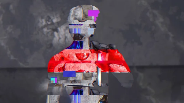 Abstract concept. Flashes of neon color on the marble sculpture of David. Red gray blue color. Glitch. 3d illustration. High quality 3d illustration