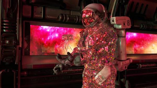 Abstract Concept Kwallen Hand Van Een Diamanten Astronaut Ruimteschip Roze — Stockfoto