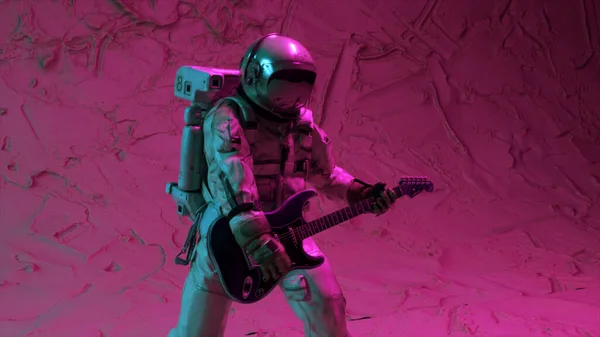 宇宙飛行士が宇宙でギターを弾く シームレスなループの3Dアニメーション 宇宙に転がるんだ ナイトクラブ 高品質の3Dイラスト — ストック写真
