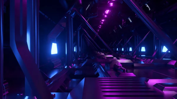 Неоновий Тунель Великому Мосту Космічний Корабель Космосі Блакитне Фіолетове Світло — стокове фото