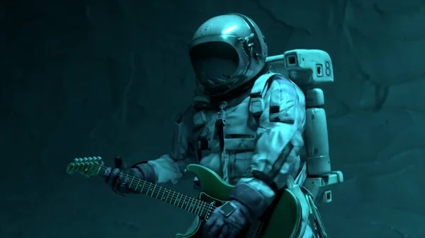 Concepto Espacial Astronauta Músico Tocando Guitarra Luz Azul Verde Neón — Foto de Stock