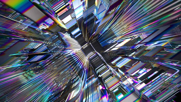 Refraction of light inside the diamond tunnel. Rainbow distortion refraction swirl leaks overlay background wallpaper. High quality 3d illustration