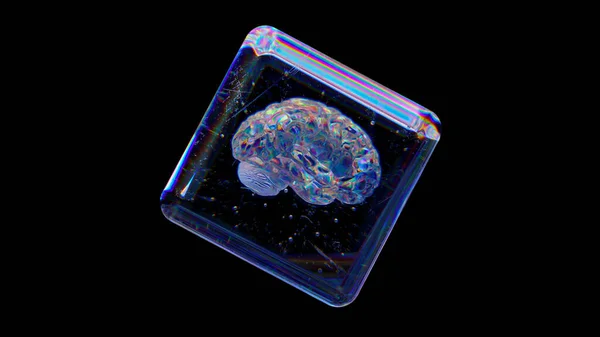 クリスタルキューブは黒の孤立した背景で回転します 透明な立方体の中にダイヤモンドの脳 レインボーだ そうだ 高品質の3Dイラスト — ストック写真