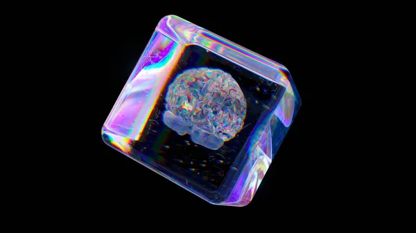 水晶立方体在一个黑色孤立的背景上旋转 钻石大脑在一个透明的立方体里云宝 是的高质量3D插图 — 图库照片