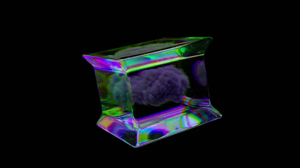 玻璃转筒内的灰色蓝云 黑色孤立的背景透明立方体 彩虹色高质量3D插图 — 图库照片