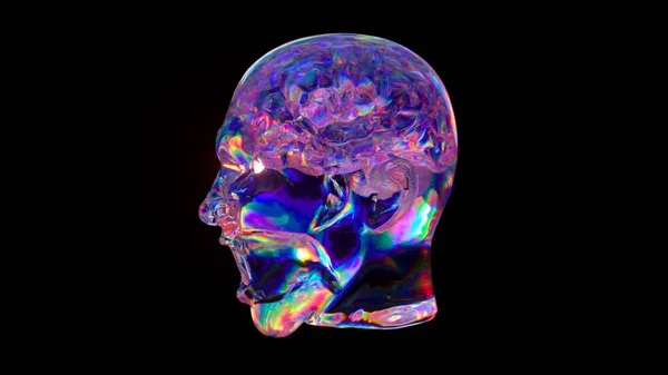 Artificial intelligence inside a glass human head. Diamond Brain. The head rotates on a black isolated background. High quality 3d illustration