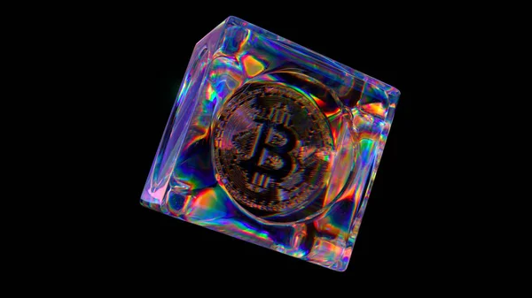 Concepto Criptomoneda Bitcoin Dentro Cubo Vidrio Transparente Fondo Negro Aislado — Foto de Stock