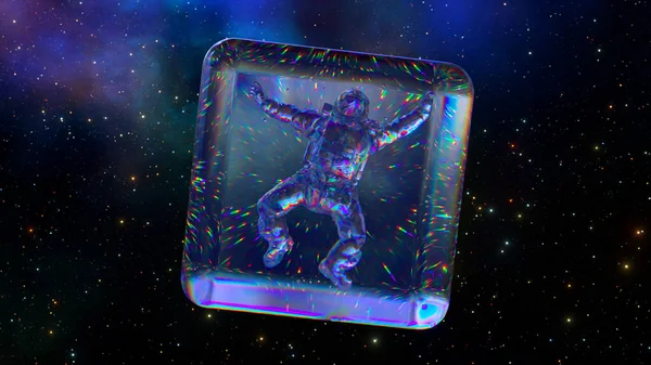 Ijsblokje Draait Ruimteachtergrond Diamant Astronaut Een Doorzichtige Kubus Blauwe Neon — Stockfoto