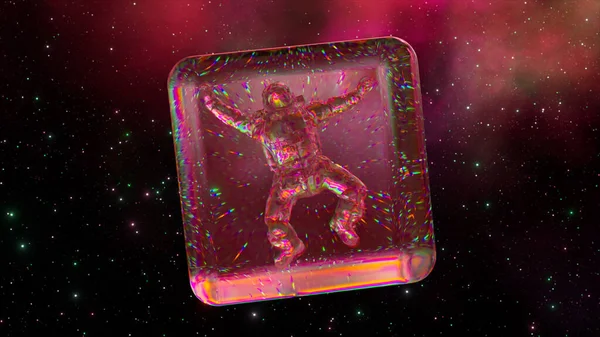 Diamond astronaut inside a transparent cube. Space abstract Background. Pink neon color. 3d illustration. High quality 3d illustration