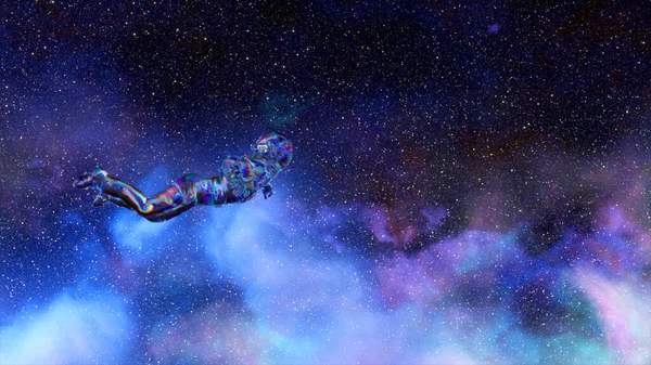 ダイヤモンド宇宙飛行士は無限の空間を浮遊します 星空を背景に雲 3Dイラスト 高品質の3Dイラスト — ストック写真