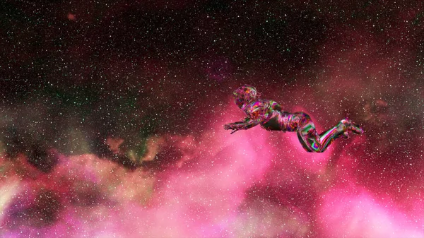 Abstract space concept. Pink neon color. Diamond astronaut floats against the background of the starry sky. Open space. High quality 3d illustration