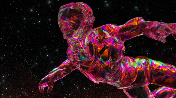 Abstract space concept. Pink neon color. Diamond astronaut floats against the starry sky. Open space. . High quality 3d illustration