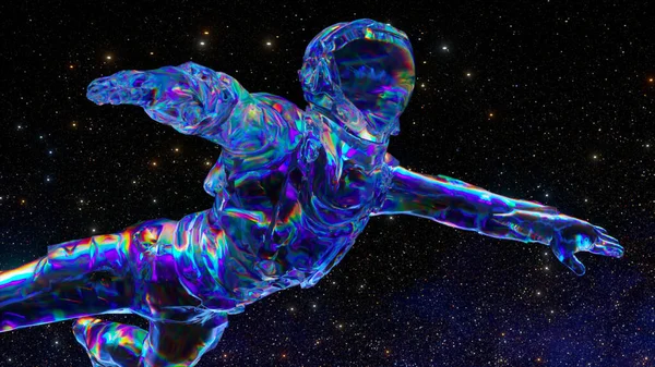 Space concept. An astronaut in a diamond suit floats against the backdrop of the starry sky. Blue neon. . High quality 3d illustration