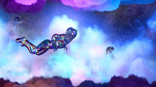 Astronauta Pływa Między Fioletowymi Niebieskimi Chmurami Otoczony Meduzami Przestrzeń Diamentowy — Zdjęcie stockowe