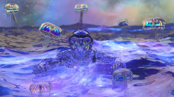 在星空的背景下 在海洋中的钻石宇航员 钻石水母飞 蓝色霓虹灯的颜色 高质量3D插图 — 图库照片