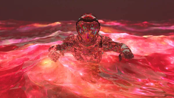 空间概念 钻石宇航员用红水在海里游泳 3D例证 高质量3D插图 — 图库照片