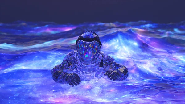 空间概念 钻石宇航员带着蓝色的霓虹灯水在海里游泳 3D例证 高质量3D插图 — 图库照片