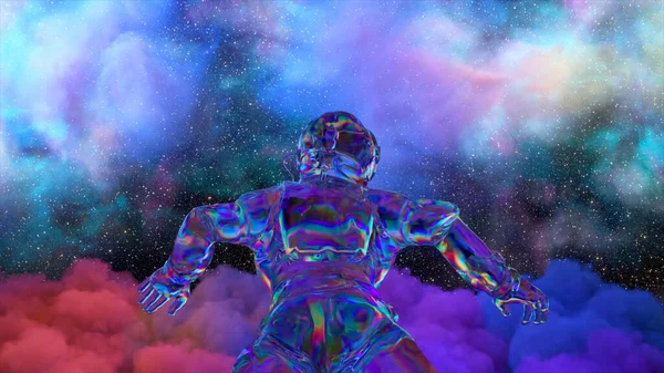 Алмазный Астронавт Плавает Открытом Космосе Синий Фиолетовый Неон Бриллиантовые Медузы — стоковое фото