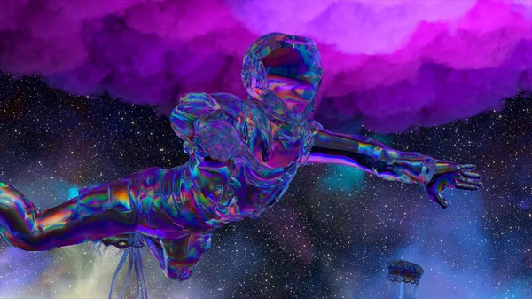 Diamond astronaut floats in outer space. Blue purple neon color. Diamond jellyfish. Stars in the background. Clouds. High quality 3d illustration