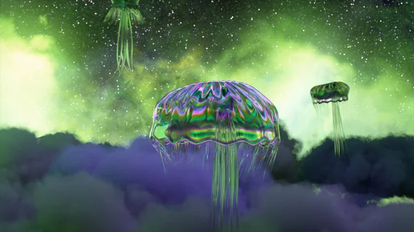 Abstract space concept. Diamond jellyfish swim out of the clouds on a blue green space background. Starry sky. Fog. High quality 3d illustration