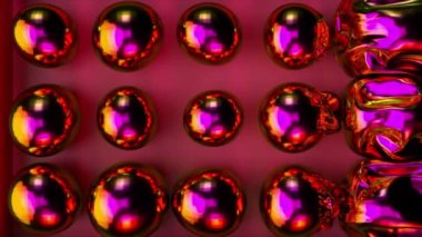 Dalga küçük topları büyük toplara dönüştürüyor. Mor metalik neon balonlar şişer. Yumuşak top yüzeyi. 3D animasyon. Yüksek kalite 4k görüntü