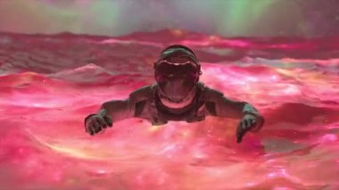 Uzay soyut kavramı. Astronot kırmızı uzay suyunda yüzer. Neon rengi. Aurora Borealis. Dalgalar. Akış. 3D animasyonsuz döngü. Yüksek kalite 4k görüntü