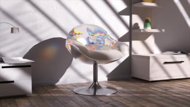 Μια Καρέκλα Γραφείου Μετατρέπεται Υγρό Διαφανές Ουράνιο Τόξο Ουσία Έπιπλα — Αρχείο Βίντεο