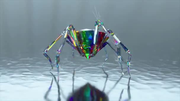 在光滑的镜面上行走的蜘蛛 身体是用一颗大钻石做成的 彩虹色3D动画无缝循环 高质量的4K镜头 — 图库视频影像