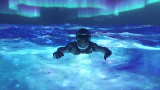 Абстрактная Концепция Пространства Астронавт Плавает Голубой Космической Воде Неоновый Цвет — стоковое видео