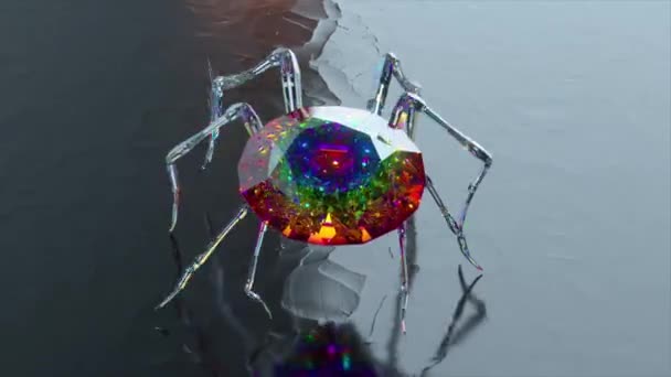 Абстрактна Концепція Скляний Павук Великим Кольоровим Діамантом Задніх Прогулянках Анімація — стокове відео