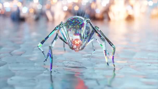 Abstraktní Koncept Velký Diamantový Pavouk Chodí Skleněném Zrcadlovém Povrchu Modré — Stock video