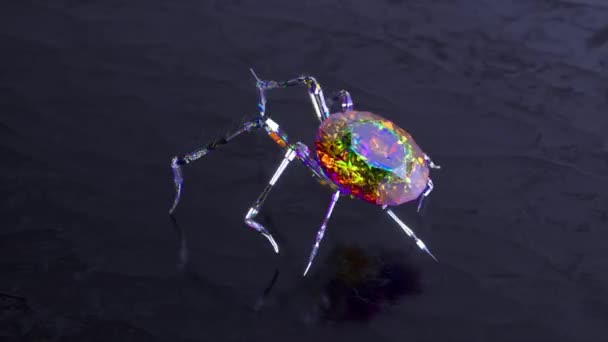 一只水晶蜘蛛 背上有一颗大钻石 步履蹒跚穿过深灰色不均匀的表面 3D动画无缝循环 高质量的4K镜头 — 图库视频影像