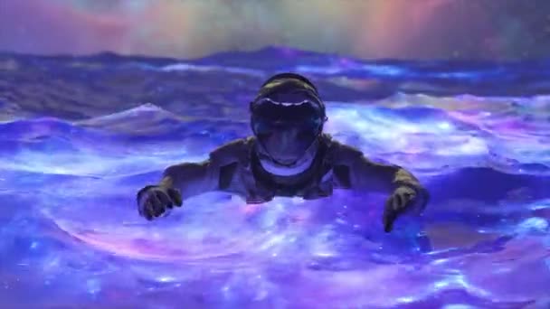 Ruimte Abstract Concept Astronaut Zwemt Het Blauwe Ruimtewater Neon Kleur — Stockvideo