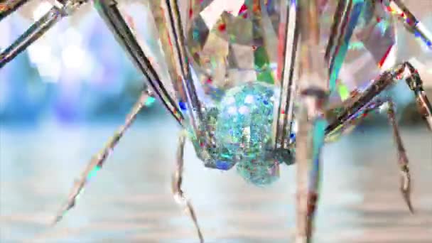 Diamantspin Close Blauw Neon Hoofd Een Wandelende Spin Diamanten Spinnenpoten — Stockvideo