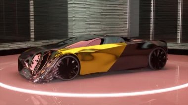 Altın bir spor araba şeffaf pembe bir filme dönüşür. Sergi eşyası. Zenginlik. Şekil değişimi. 3D animasyon. Yüksek kalite 4k görüntü