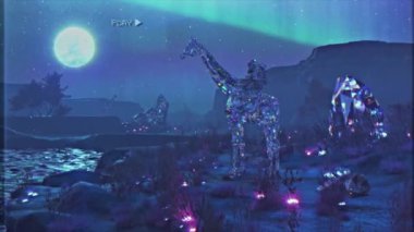 Zürafa süren bir elmas astronot bir göletin yanında duruyor. Mavi neon rengi. Gece gökyüzünde ay. Video kaydı. 3D animasyon. Yüksek kalite 4k görüntü