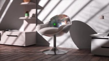 Başkalaşım. Parlak şeffaf bir madde sandalyenin yumuşak döşemelerini emer. Gökkuşağı renkleri. 3D animasyon. Yüksek kalite 4k görüntü