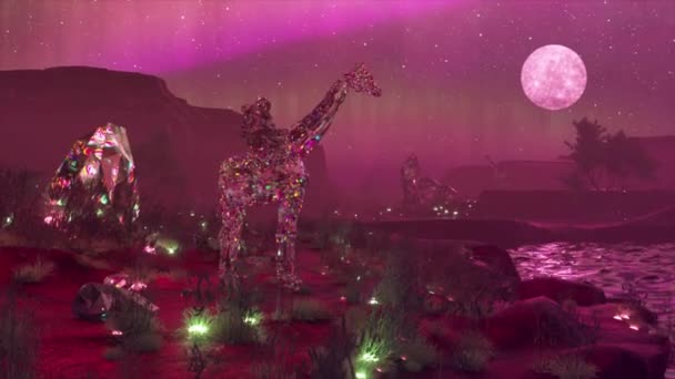 Алмазный Астронавт Жирафе Стоит Пруда Фиолетовый Цвет Неона Луна Ночном — стоковое видео