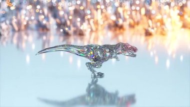 Yürüyen elmas bir dinozorun yan görüntüsü. Parlak, parlak. Pembe mavi renk. Kusursuz döngünün 3 boyutlu animasyonu. Yüksek kalite 4k görüntü