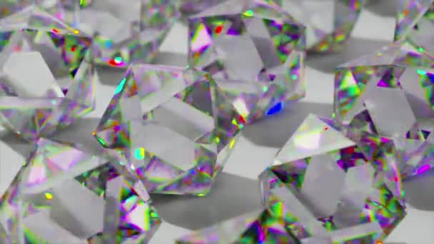 Πολλές Διαμαντένιες Πέτρες Λάμπουν Ιριδίζον Φως Αλλαγή Φωτισμού Σκιά Λευκή — Αρχείο Βίντεο
