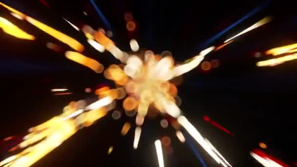 Χρυσές Λαμπερές Ακτίνες Φωτός Πετούν Στο Διάστημα Σκοτεινό Φόντο Μπόκε — Αρχείο Βίντεο
