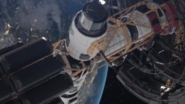  Dünya yörüngesindeki uzay istasyonu. UUİ. NASA mı? Uzay fethi. Dünya 'nın ve uzay gemisinin manzarası. 3D animasyon. Yüksek kalite 4k görüntü