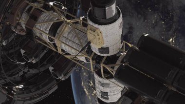 Uzay yolculuğu konsepti. Mekik. Bir uzay gemisinin yakın görüntüsü. UUİ 'nin atmosfer üzerinde uçuşu. Evren. Yüksek kalite 3d illüstrasyon