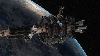 Dünya yörüngesindeki uzay istasyonu. UUİ. NASA mı? Uzay fethi. Dünya 'nın ve uzay gemisinin manzarası. 3 boyutlu görüntüleme. Yüksek kalite 3d illüstrasyon
