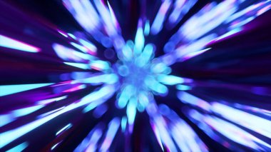 Siber küresel iletişim kavramında yolda dijital veri akışı. Koyu arkaplanda mavi ve kırmızı neon ışınlar. Yüksek kalite 3d illüstrasyon