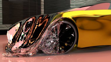 Abstract concept. Side view of a golden sports car that transforms into a transparent pink film. Exhibition item. Wealth. Shape change. High quality 3d illustration clipart