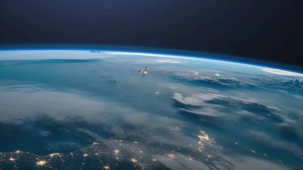 Μια Άποψη Της Γης Και Ένα Διαστημόπλοιο Διεθνής Διαστημικός Σταθμός — Φωτογραφία Αρχείου