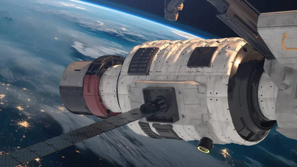 Vista Espaço Planeta Terra Nave Espacial Estação Espacial Transporte Intergaláctico — Fotografia de Stock